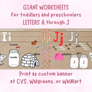 May include: Educational worksheet for toddlers and preschoolers featuring letters A through J. Includes illustrations of an iguana, insects, an igloo, a jellyfish, jars, and a jaguar. The text reads "Print as custom banner at CVS, Walgreens, or WalMart."