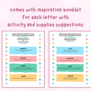 May include: Educational alphabet banner series with activity suggestions for each letter. The image shows two colorful pages with text and illustrations. Each page has a list of suggested supplies and activities for the letters I and J, such as insects, iguanas, jets, and jellyfish.