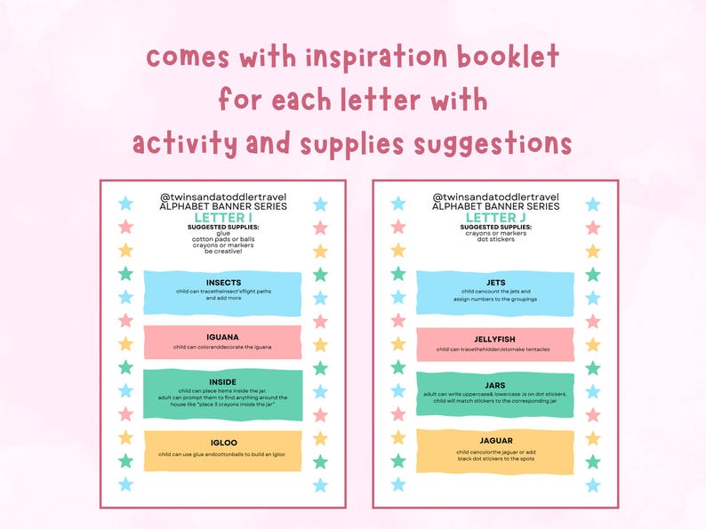 May include: Educational alphabet banner series with activity suggestions for each letter. The image shows two colorful pages with text and illustrations. Each page has a list of suggested supplies and activities for the letters I and J, such as insects, iguanas, jets, and jellyfish.