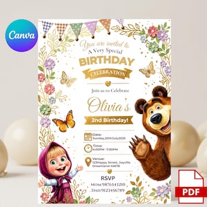 May include: A colourful birthday invitation with a cartoon bear and girl, floral and butterfly decorations. The invitation reads "Olivia's 2nd Birthday!" and includes event details. The design has a festive theme, with the date set for Sunday, 20th July 2025.