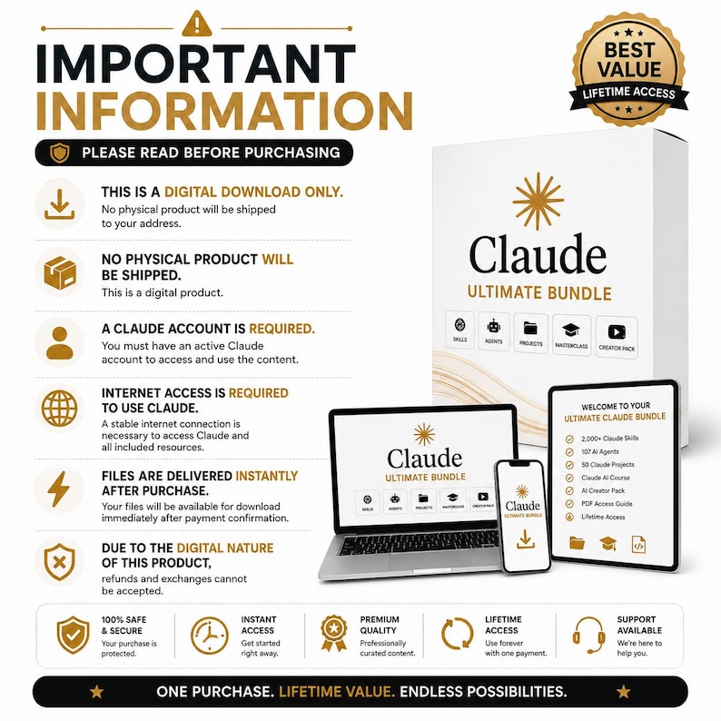 Puede incluir: Un gr&aacute;fico de informaci&oacute;n de producto digital para Claude Ultimate Bundle. Muestra una caja, un port&aacute;til, un smartphone y una tableta con el nombre del paquete, iconos y una lista de contenidos que incluye m&aacute;s de 2.000 habilidades y 107 agentes.