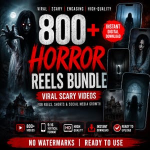 Può includere: Un pacchetto di prodotti digitali con oltre 800 reel horror con immagini spaventose, un fantasma in abito bianco, un maniero oscuro e anteprime di schermi telefonici. Il testo include VIRAL SCARY ENGAGING HIGH-QUALITY, INSTANT DIGITAL DOWNLOAD e NO WATERMARKS.