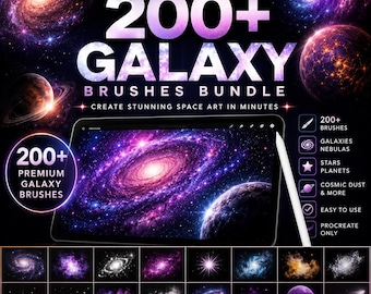 200+ Procreate Galaxy Brushes Bundle, Space Nebula Stars Planets Stamps (Digital Download)