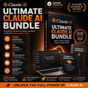 May include: A digital product bundle titled Ultimate Claude AI Bundle featuring a black box, a laptop displaying a chat interface, a tablet showing a masterclass curriculum, and an AI Creator Workbook. The design uses black and orange text.
