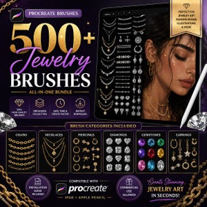 May include: A digital bundle of 500+ Procreate jewelry brushes featuring categories for chains, necklaces, piercings, diamonds, gemstones, and earrings. The display includes a tablet screen showing brush previews and a stylus on a dark background.
