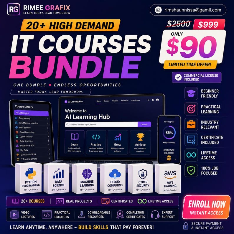 May include: A digital advertisement for a 20+ IT courses bundle by Rimee Grafix. The graphic features a laptop, tablet, and smartphone displaying an AI Learning Hub interface, alongside six white boxes labelled Python, Data Science, Machine Learning, Cloud Computing, Cyber Security, and AWS Training. Text includes 20+ High Demand IT Courses Bundle, &pound;90, and various feature icons.