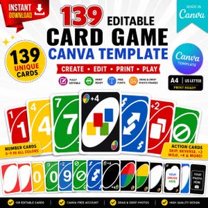 Peut inclure: Un modèle numérique pour 139 cartes de jeu éditables comprenant des cartes numérotées colorées, des cartes action comme passer, inverser, plus deux et plus quatre, ainsi que des modèles vierges pour des designs personnalisés via Canva.
