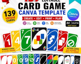139 UNO Style Card Canva Template, Editable UNO Game Cards, Custom Playing Card Template, Printable Family Game, Instant Download