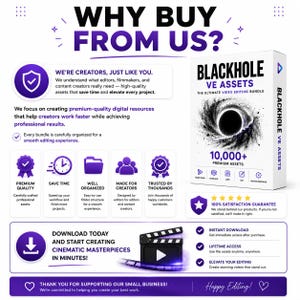 Puede incluir: Una caja de producto digital etiquetada como Blackhole VE Assets, The Ultimate Video Editing Bundle, con un gr&aacute;fico de agujero negro. La imagen promocional incluye texto sobre calidad premium, 10,000+ recursos y una garant&iacute;a.