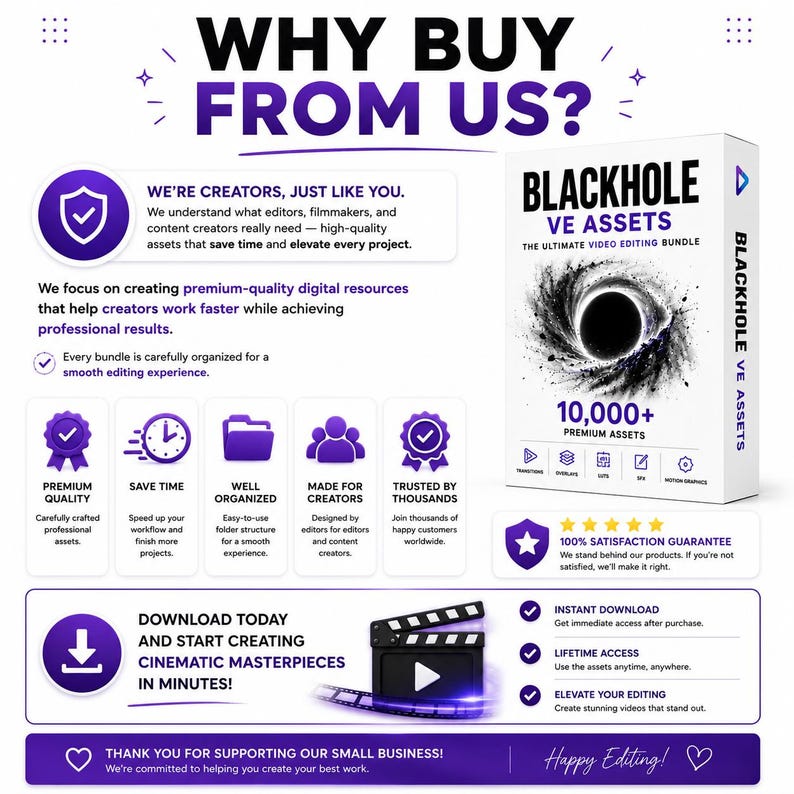 Puede incluir: Una caja de producto digital etiquetada como Blackhole VE Assets, The Ultimate Video Editing Bundle, con un gr&aacute;fico de agujero negro. La imagen promocional incluye texto sobre calidad premium, 10,000+ recursos y una garant&iacute;a.