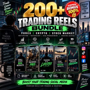 May include: A digital marketing bundle for trading social media content featuring 200+ reels. The graphic displays text including 200+ TRADING REELS BUNDLE, FOREX, CRYPTO, STOCK MARKET, and various motivational quotes on five smartphone screen mockups.