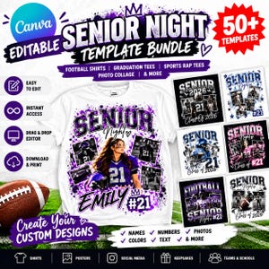 Puede incluir: Un paquete de plantillas digitales para ropa de Senior Night con una maqueta de camiseta blanca, gráficos de salpicaduras de pintura morada, marcos para collages de fotos y texto que incluye Senior Night, Emily y #21. Incluye 50+ plantillas editables.