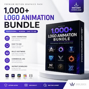 May include: A digital product box for a 1,000+ Logo Animation Bundle featuring purple and black branding. The box displays nine distinct animated logo examples, including geometric shapes and glowing effects, with text listing features like professional, modern, and easy to use.