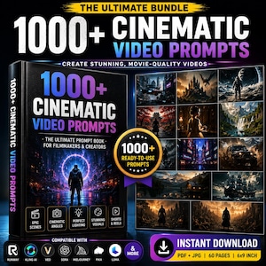 1000+ Cinematic AI Video Prompts | Filmmaking Prompt Book (PDF + JPG)