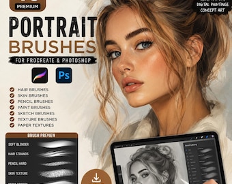 46 Procreate Photoshop Portrait Brushes | Hair, Skin, Pencil, Paint (Digital Download)