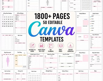 50+ Editable Canva Planner Templates, 1800+ Pages KDP Interiors, Printable Journal, Tracker & Logbook Mega Bundle