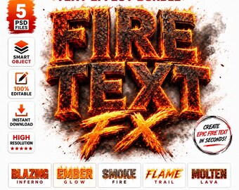 5 Fire Text Effect PSD Bundle | Editable Flame Typography (Digital Download)