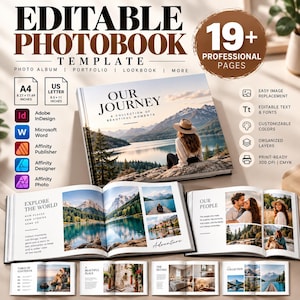 Könnte beinhalten: Eine bearbeitbare Fotobuch-Vorlage mit über 19 professionellen Seiten in den Formaten A4 und US Letter. Das Layout enthält Beispielbilder von Landschaften, Personen und Reiseszenen mit anpassbarem Text, Schriftarten und organisierten Ebenen.