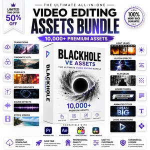 May include: A white product box labeled Blackhole VE Assets, The Ultimate Video Editing Bundle, featuring a black hole graphic. The bundle includes 10,000+ premium assets like transitions, cinematic LUTs, overlays, motion graphics, sound effects, and stock videos.