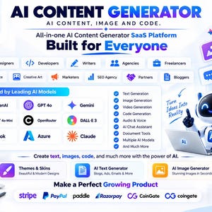 May include: A digital marketing graphic for an AI content generator SaaS platform. It features a white robot using a laptop, lists AI models like OpenAI and Claude, and displays icons for designers, developers, and writers. Text includes AI CONTENT GENERATOR.