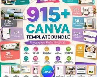 915+ Canva Template Bundle, Etsy Mockups, Social Media Kit (Digital Download)