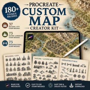 May include: A digital design kit for Procreate featuring 180+ custom map creator brushes. Includes 37 building, 73 nature, and 73 infrastructural stamp brushes. The image displays a tablet showing a fantasy map, a stylus, and sample brush sheets.