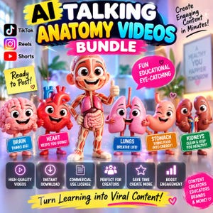 Può includere: Un pacchetto digitale per video di anatomia parlante tramite IA con un personaggio anatomico centrale circondato da organi in stile cartone animato, tra cui cervello, cuore, polmoni, stomaco e reni, con etichette e frasi motivazionali.
