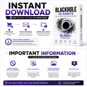 Puede incluir: Un listado de producto digital para Blackhole VE Assets, un paquete de edici&oacute;n de video. El gr&aacute;fico muestra un proceso de descarga instant&aacute;nea, una maqueta de caja con un agujero negro e informaci&oacute;n importante sobre archivos no reembolsables.