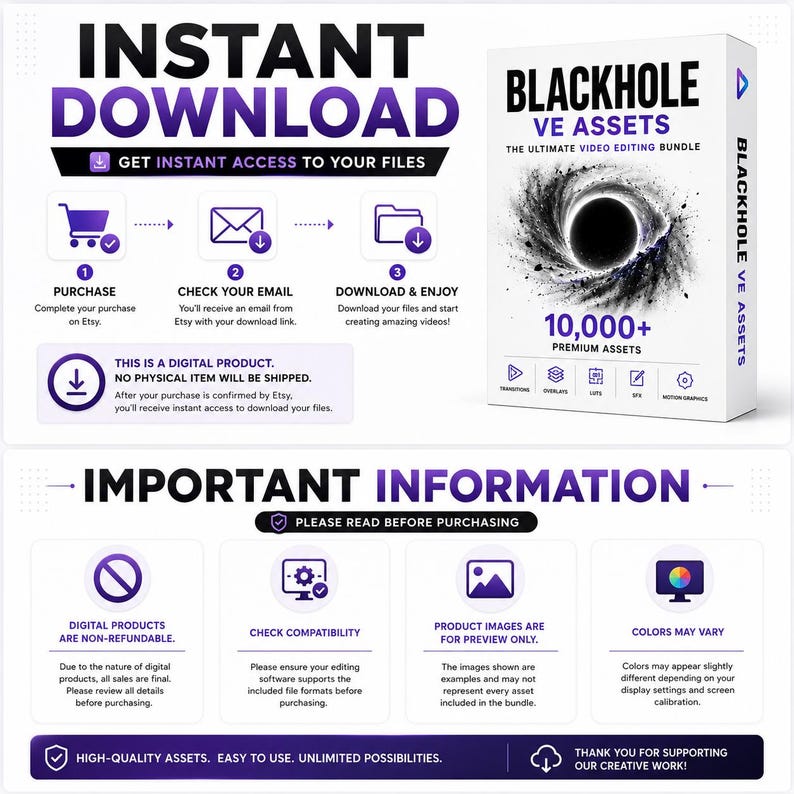 Puede incluir: Un listado de producto digital para Blackhole VE Assets, un paquete de edici&oacute;n de video. El gr&aacute;fico muestra un proceso de descarga instant&aacute;nea, una maqueta de caja con un agujero negro e informaci&oacute;n importante sobre archivos no reembolsables.