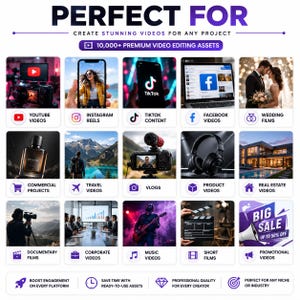 Puede incluir: Una infograf&iacute;a digital titulada PERFECT FOR CREATE STUNNING VIDEOS FOR ANY PROJECT, que presenta 10,000+ PREMIUM VIDEO EDITING ASSETS. Muestra quince paneles de imagen cuadrados que exhiben varias escenas de producci&oacute;n de video, incluyendo redes sociales, bodas, comerciales, viajes, vlogs, bienes ra&iacute;ces, corporativos, m&uacute;sica y contenido promocional.