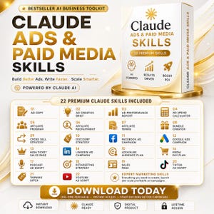 Puede incluir: Una caja de producto digital titulada Claude Ads & Paid Media Skills, que presenta una lista de 22 habilidades premium que incluyen redacción publicitaria, programas de afiliados y varias campañas. Diseño en colores oro y blanco.