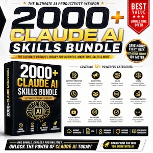 Könnte beinhalten: Eine digitale Produktwerbung für ein 2000+ Claude AI Skills Bundle. Die Grafik zeigt fetten schwarzen und goldenen Text, ein Gehirnsymbol mit AI-Schriftzug und eine Liste von 12 Kategorien, darunter Content-Erstellung, Marketing, Vertrieb und Recht.