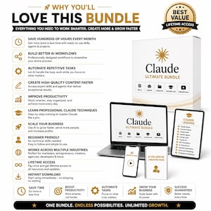 Puede incluir: Un paquete de productos digitales titulado Claude Ultimate Bundle que incluye una caja, port&aacute;til, tableta, smartphone y cuaderno. El texto destaca beneficios como ahorrar tiempo, automatizar tareas y escalar negocios con IA.