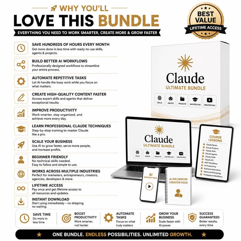 Puede incluir: Un paquete de productos digitales titulado Claude Ultimate Bundle que incluye una caja, port&aacute;til, tableta, smartphone y cuaderno. El texto destaca beneficios como ahorrar tiempo, automatizar tareas y escalar negocios con IA.