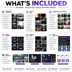 Puede incluir: Una colecci&oacute;n digital titulada WHAT'S INCLUDED 10,000+ PREMIUM VIDEO EDITING ASSETS. Incluye listas categorizadas de transiciones, superposiciones, correcci&oacute;n de color, gr&aacute;ficos en movimiento, recursos creativos, audio y extras con miniaturas.