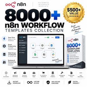 Könnte beinhalten: Eine digitale Produktsammlung mit über 8000 n8n-Workflow-Vorlagen. Das Bild zeigt einen Laptop-Bildschirm mit einem Workflow-Diagramm, eine Produktbox sowie Symbole für KI-Automatisierung, Marketing, Geschäftsprozesse und Datenanalyse.