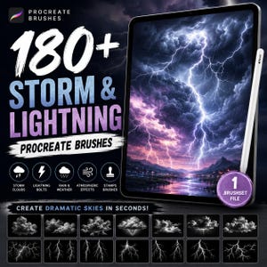 May include: A digital product display featuring 180+ Storm & Lightning Procreate Brushes. The image shows a tablet screen with a dramatic lightning storm illustration, a stylus, and a grid of brush samples including clouds and bolts.