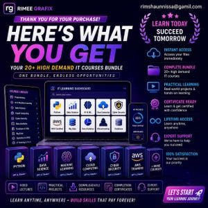 May include: A digital graphic advertisement for a 20+ high demand IT courses bundle. The image features a laptop, tablet, and smartphone displaying an IT learning dashboard, alongside icons for Python, Data Science, AI, Cloud Computing, and Cyber Security.