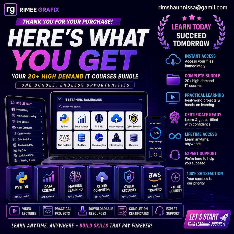 May include: A digital graphic advertisement for a 20+ high demand IT courses bundle. The image features a laptop, tablet, and smartphone displaying an IT learning dashboard, alongside icons for Python, Data Science, AI, Cloud Computing, and Cyber Security.