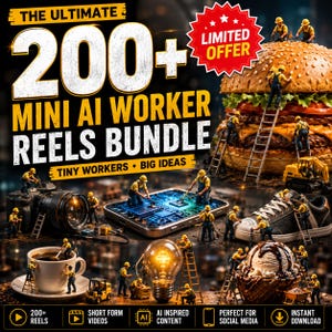May include: A digital graphic featuring the text THE ULTIMATE 200+ MINI AI WORKER REELS BUNDLE TINY WORKERS BIG IDEAS. The image displays miniature construction workers interacting with a large burger, a camera, a circuit board, a sneaker, a coffee cup, a lightbulb, and an ice cream sundae.