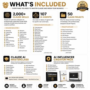 Puede incluir: Una infograf&iacute;a titulada WHAT'S INCLUDED que detalla un paquete digital para Claude AI. Enumera m&aacute;s de 2,000 habilidades de Claude, 107 agentes de IA, 50 proyectos de Claude, una clase magistral de Claude AI con m&aacute;s de 40 lecciones y un paquete de creador.