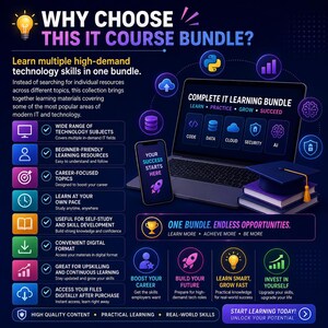 May include: A digital marketing graphic for an IT course bundle featuring a laptop, smartphone, and graduation cap. Text includes "WHY CHOOSE THIS IT COURSE BUNDLE?", "COMPLETE IT LEARNING BUNDLE", "LEARN, PRACTICE, GROW, SUCCEED", and "ONE BUNDLE. ENDLESS OPPORTUNITIES."