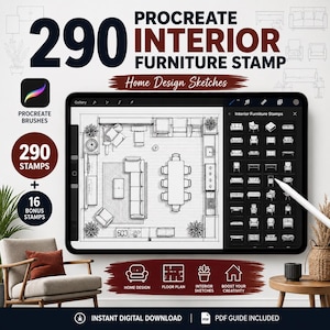 May include: A digital tablet displaying a Procreate interior furniture stamp set with 290 home design sketches. The screen shows a floor plan layout and a menu of furniture icons. Text includes 290 INTERIOR FURNITURE STAMP and Home Design Sketches.