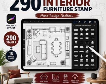 290 Procreate Interior Furniture Stamps | Home Design Sketch Brushes (Digital Download)