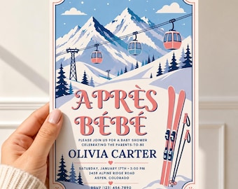 Pode incluir: Um cartão de convite retangular com uma paisagem de montanha com picos nevados, pinheiros e teleféricos. O texto diz APRÈS BÉBÉ, PLEASE JOIN US FOR A BABY SHOWER CELEBRATING THE PARENTS-TO-BE OLIVIA CARTER, SATURDAY, JANUARY 17TH 3:00 PM 2458 ALPINE RIDGE ROAD ASPEN, COLORADO RSVP (123) 456-7890.