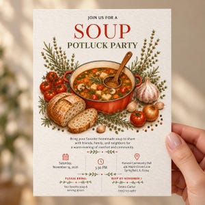May include: A cream-colored invitation card for a Soup Potluck Party featuring a red pot of soup, a wooden ladle, sliced bread, tomatoes, garlic, and onions. Text includes event details, date, time, location, and RSVP information for November 7.