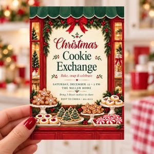 May include: A Christmas Cookie Exchange invitation card featuring a red storefront frame with green trim, pine garlands, and a red bow. The text reads: Christmas Cookie Exchange, Bake, swap & celebrate, Saturday, December 12, 3 PM, The Miller Home, Bring 3 dozen cookies to share, RSVP to Emma, 555-0123.