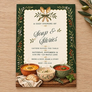Peut inclure: Une carte d'invitation rectangulaire avec une bordure vert foncé ornée d'illustrations botaniques de feuilles et de baies. Le texte central indique A COZY EVENING OF Soup & Stories, GATHER ROUND THE TABLE, SATURDAY, NOVEMBER 14, 6:00 PM, 123 MAPLE LANE, BRING A SOUP, SHARE A STORY, RSVP 555-0123. Trois bols de soupe sont posés sur une surface en bois avec du pain.