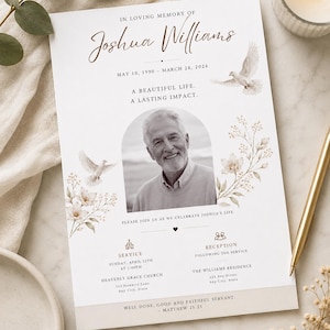 May include: A white funeral program card featuring the text In Loving Memory of Joshua Williams, May 10, 1990 - March 28, 2024, A Beautiful Life. A Lasting Impact. It includes a black and white portrait, illustrations of white doves and flowers.