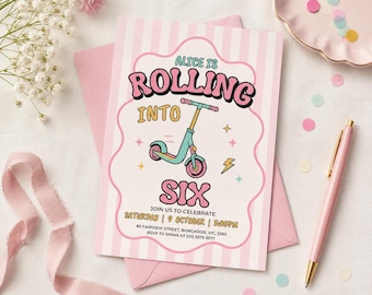 Scooter Birthday Invitation, Girl Birthday Invite, Skate Party Invite, Scooter Skating Birthday Invitation Canva Editable, Digital Download